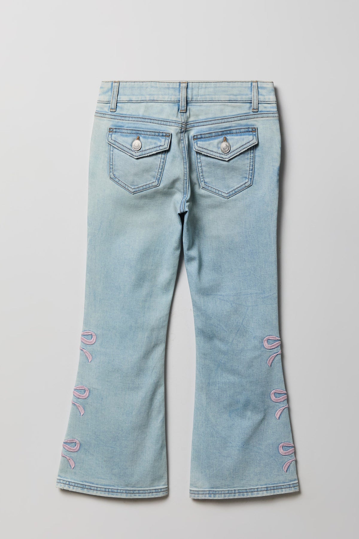 Alt View 2. Girls Bow Embroidered Mid Rise Flare Jean - Light Denim Blue