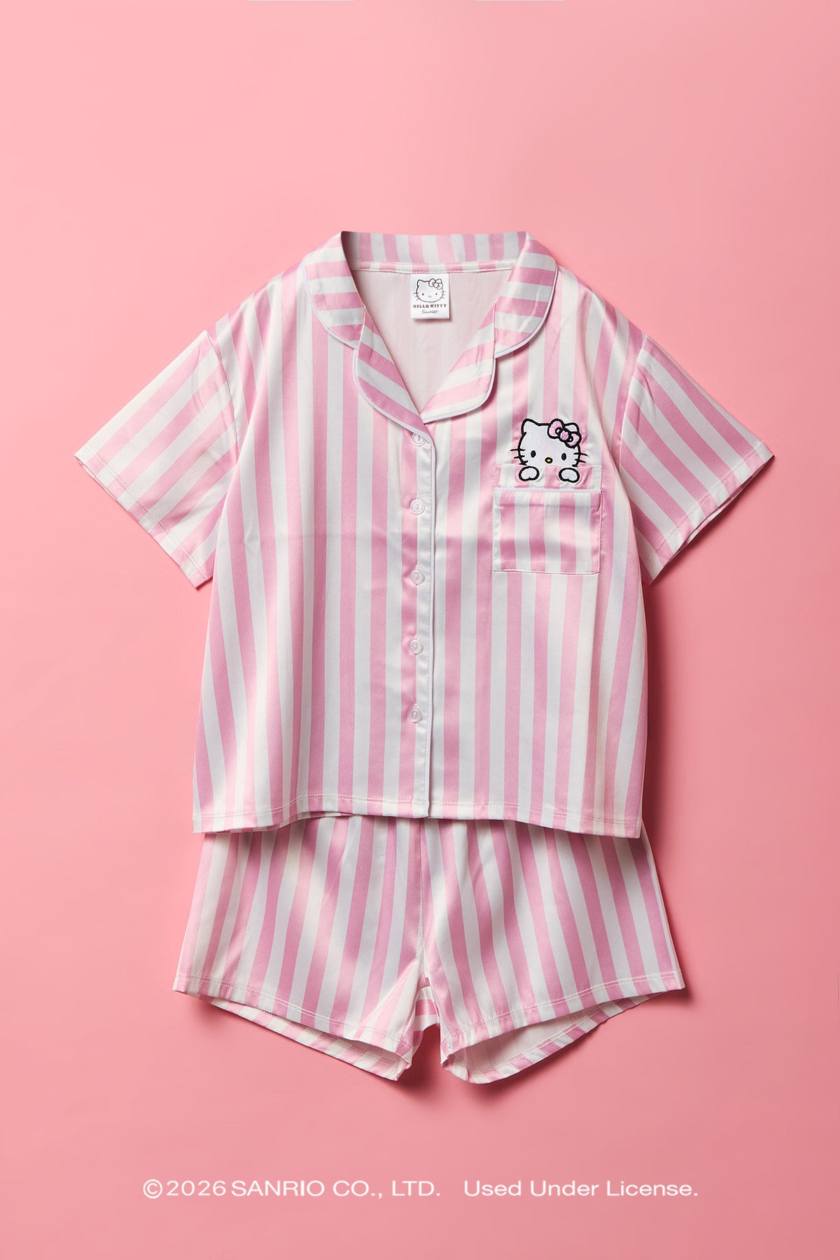 Hello Kitty® Girls Embroidered Button-Up Top & Short Pajama Set - Pink
