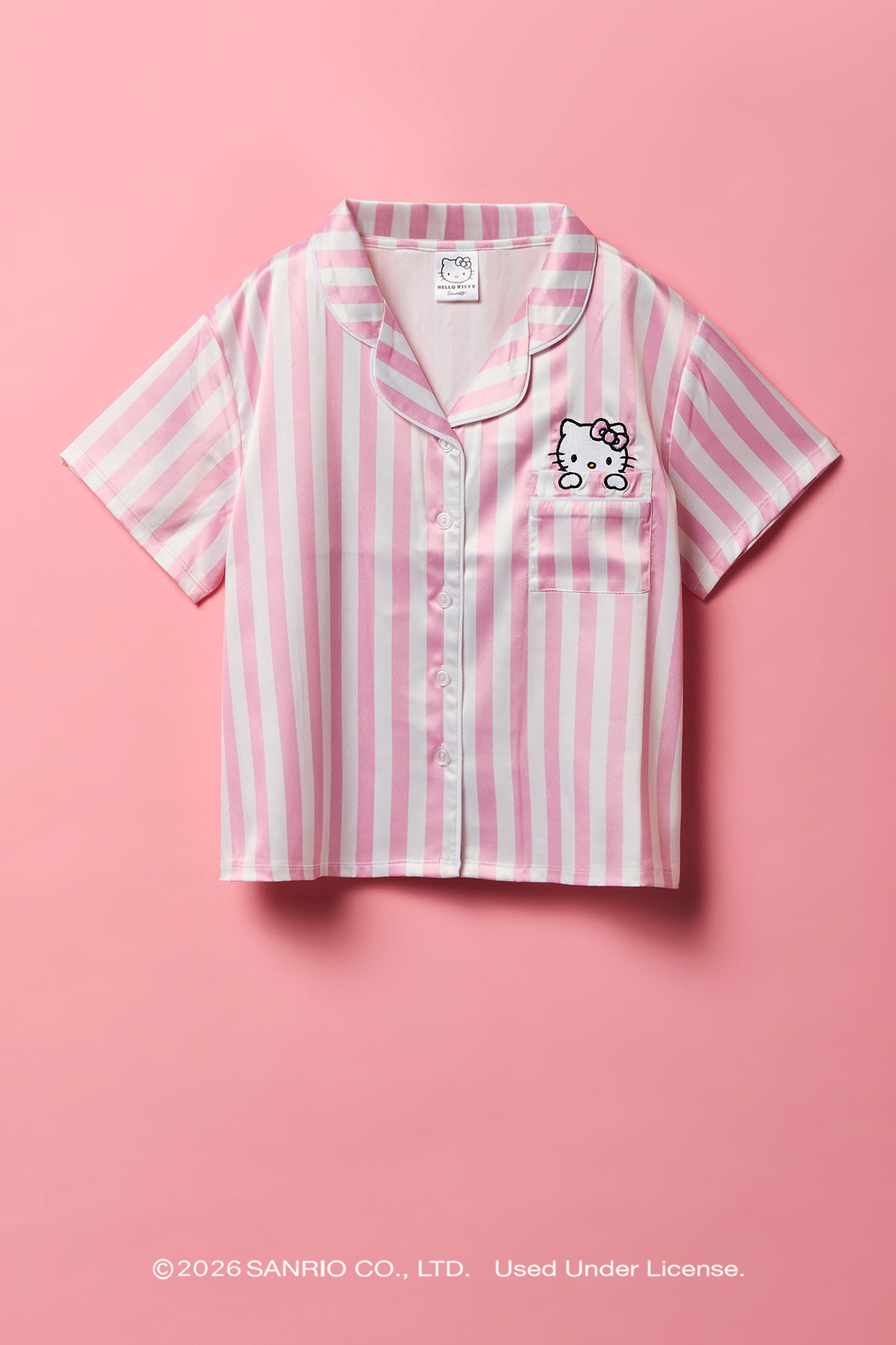 Alt View 2. Hello Kitty® Girls Embroidered Button-Up Top & Short Pajama Set - Pink
