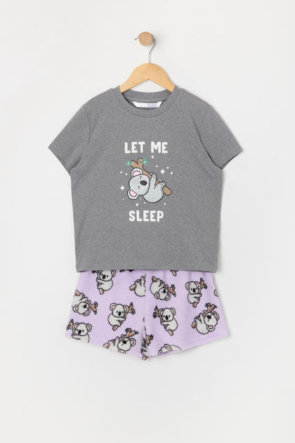 Girls Koala Graphic T-Shirt and Plush Short 2 Piece Pajama Set