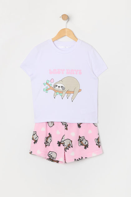 Ensemble pyjama avec t-shirt et short en peluche à imprimé Paresseux pour fille