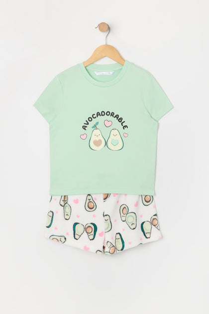 Ensemble pyjama avec t-shirt et short en peluche à imprimé Avocat pour fille
