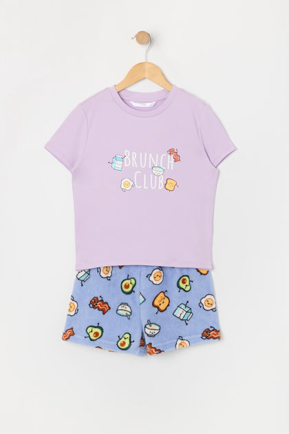 Ensemble pyjama avec t-shirt et short en peluche à imprimé Déjeuner pour fille