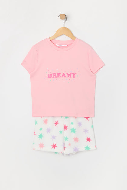 Ensemble pyjama avec t-shirt et short en peluche à imprimé Dreamy pour fille