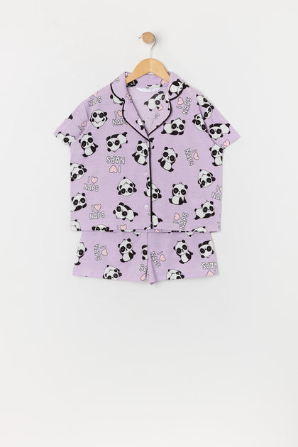 Pyjama avec haut boutonné et short à imprimé Panda pour fille