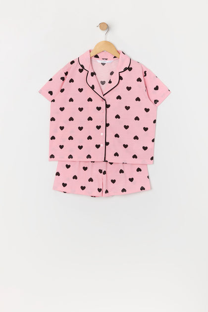 Girls Heart Print Button-Up Top and Short 2 Piece Pajama Set