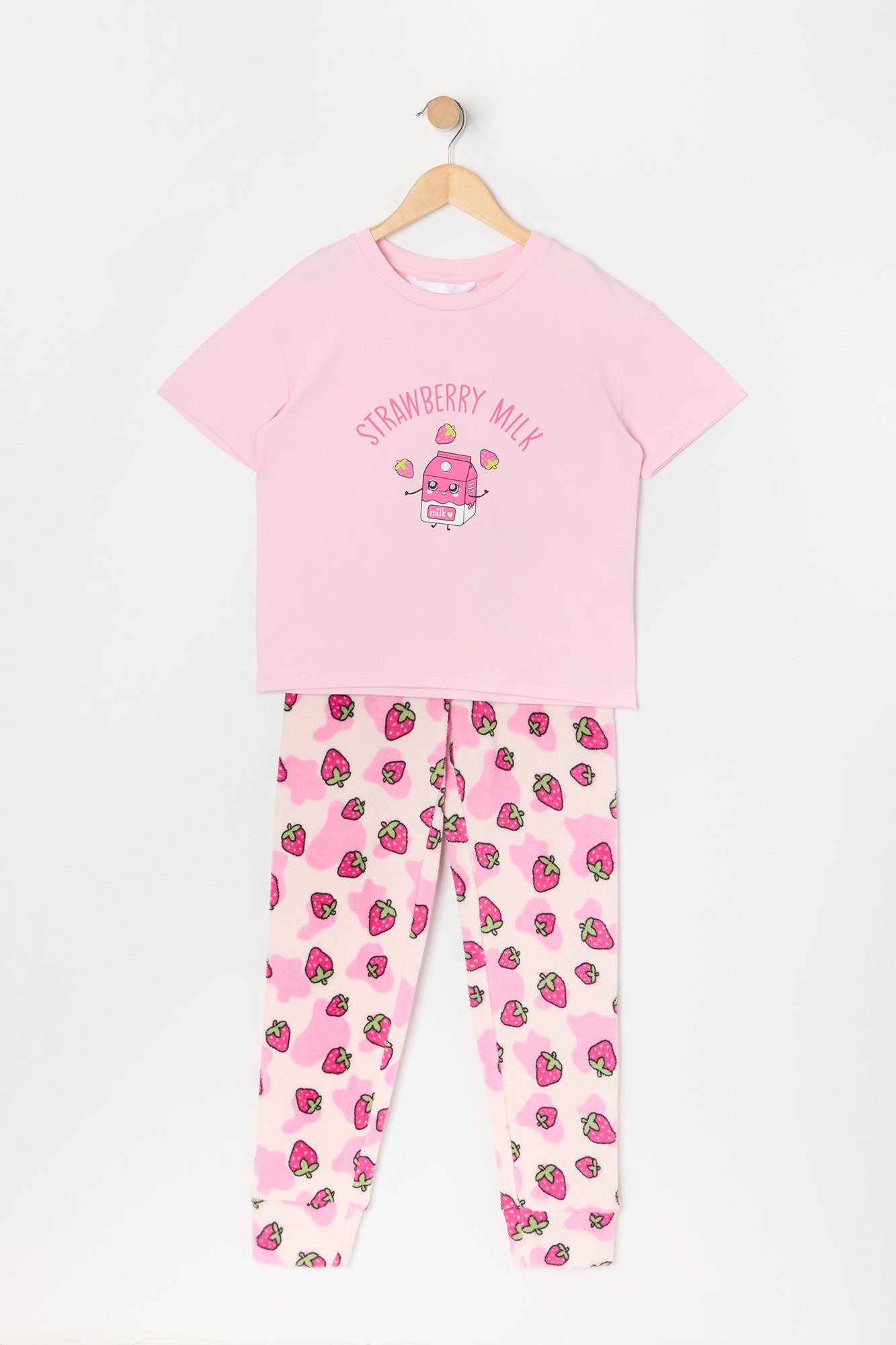 Girls Strawberry Milk Graphic T-Shirt and Pant 2 Piece Pajama Set