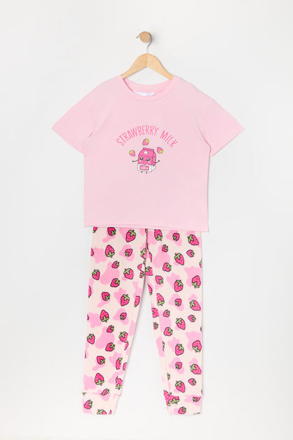 Ensemble pyjama avec t-shirt et pantalon à imprimé Strawberry Milk pour fille