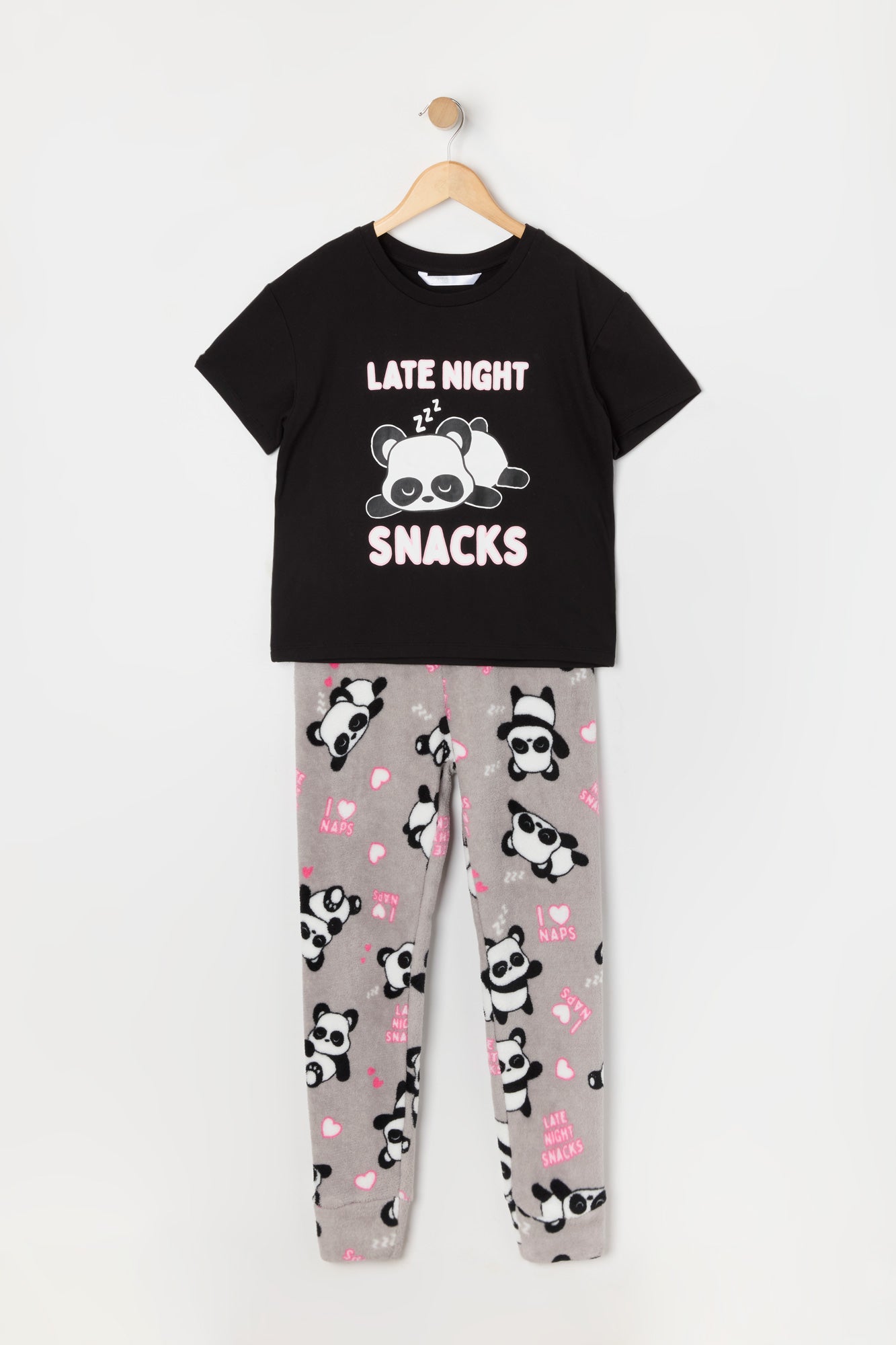 Girls Panda Graphic T-Shirt and Plush Pant 2 Piece Pajama Set