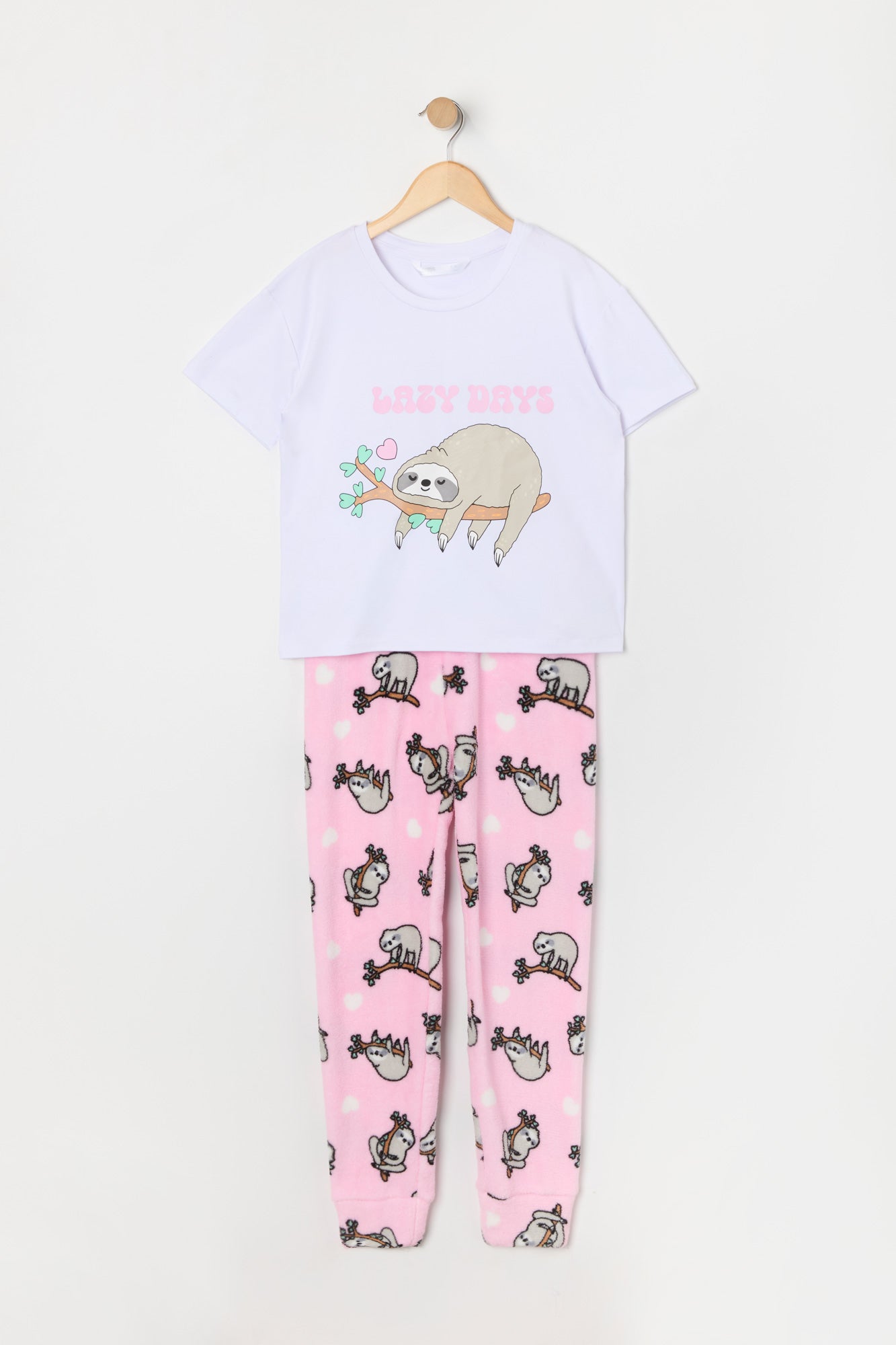 Girls Sloth Graphic T-Shirt and Plush Pant 2 Piece Pajama Set