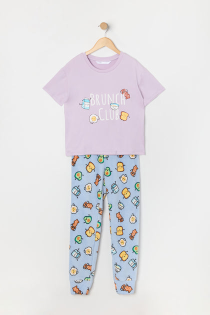 Ensemble pyjama avec t-shirt et pantalon en peluche à imprimé Déjeuner pour fille