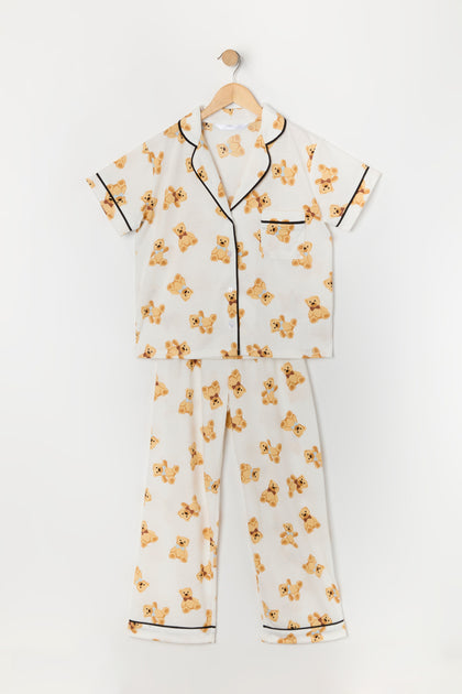 Girls Printed Button-Up Top and Pant 2 Piece Pajama Set