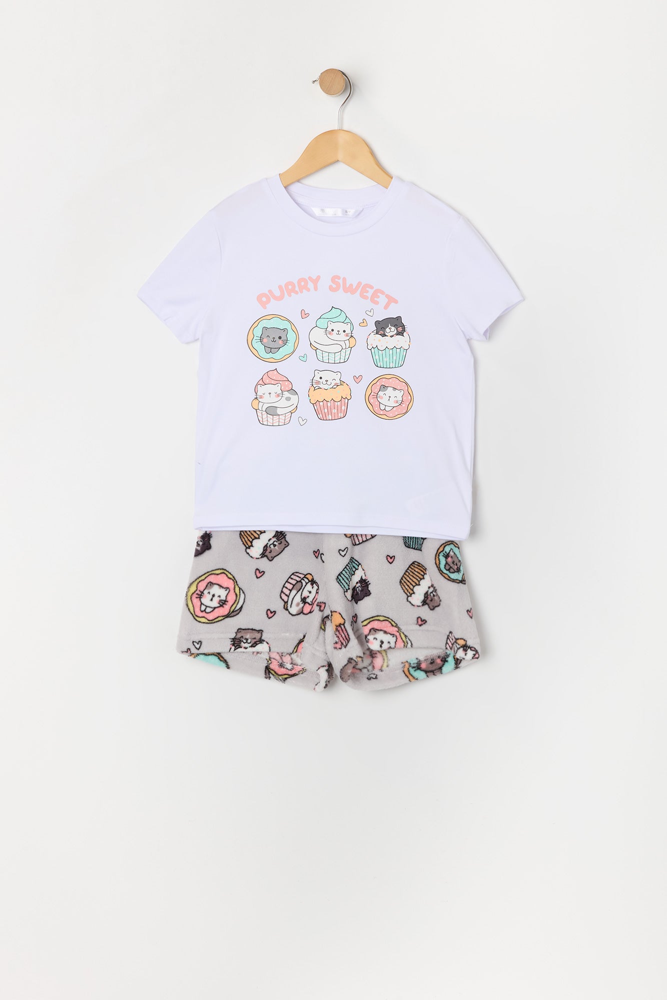 Girls Cupcake Kitty Graphic T-Shirt and Plush Short 2 Piece Pajama Set