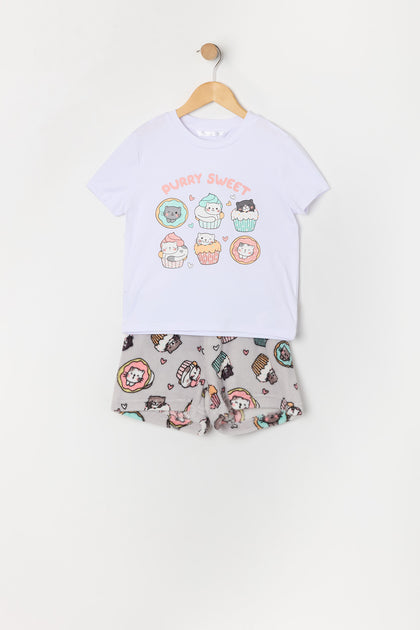 Ensemble pyjama avec t-shirt à imprimé Cupcake Kitty et short en peluche pour fille