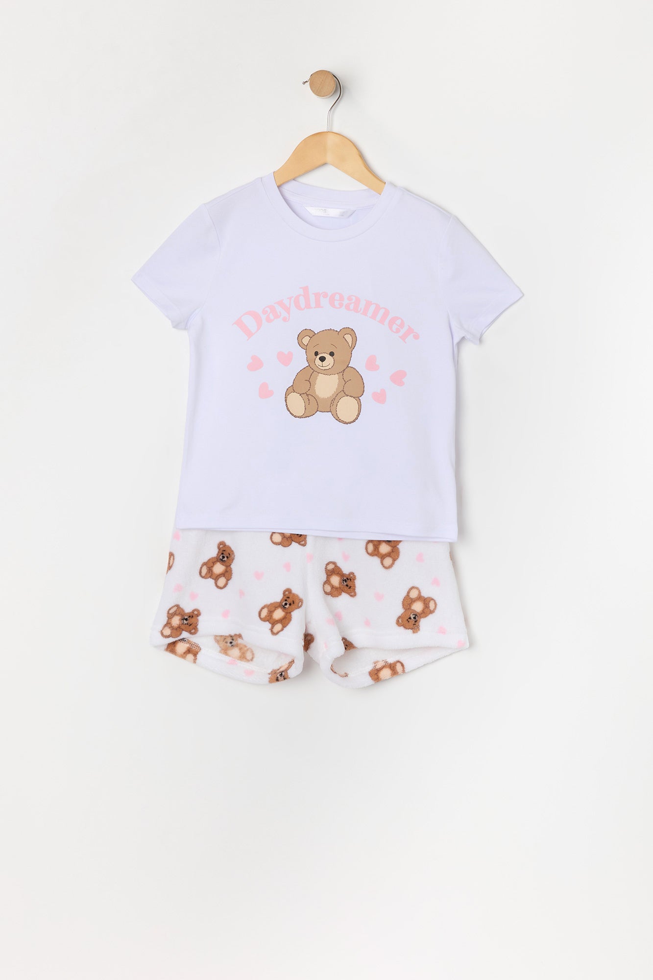 Girls Teddy Graphic T-Shirt and Plush Short 2 Piece Pajama Set