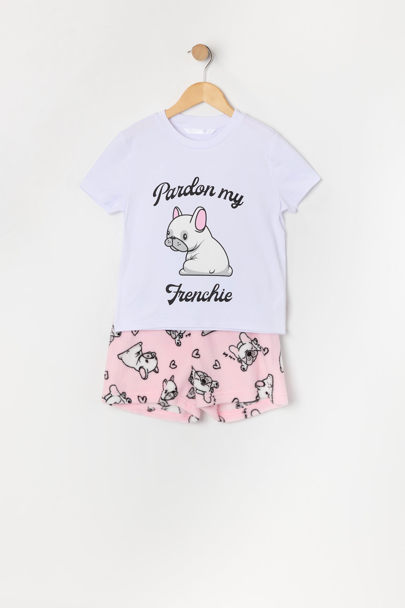 Girls Frenchie Graphic T-Shirt and Plush Short 2 Piece Pajama Set