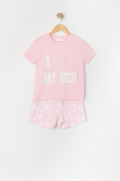 Ensemble pyjama avec t-shirt à imprimé Love My Bed et short en peluche pour fille