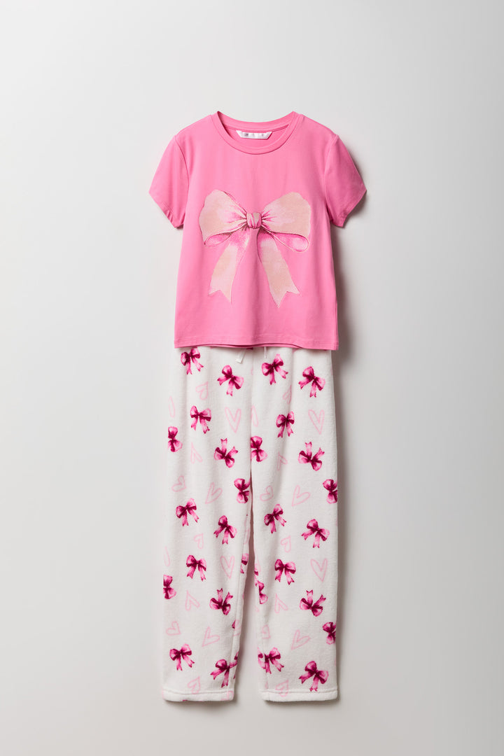 Girls Graphic T-Shirt & Plush Pant 2 Piece Pajama Set