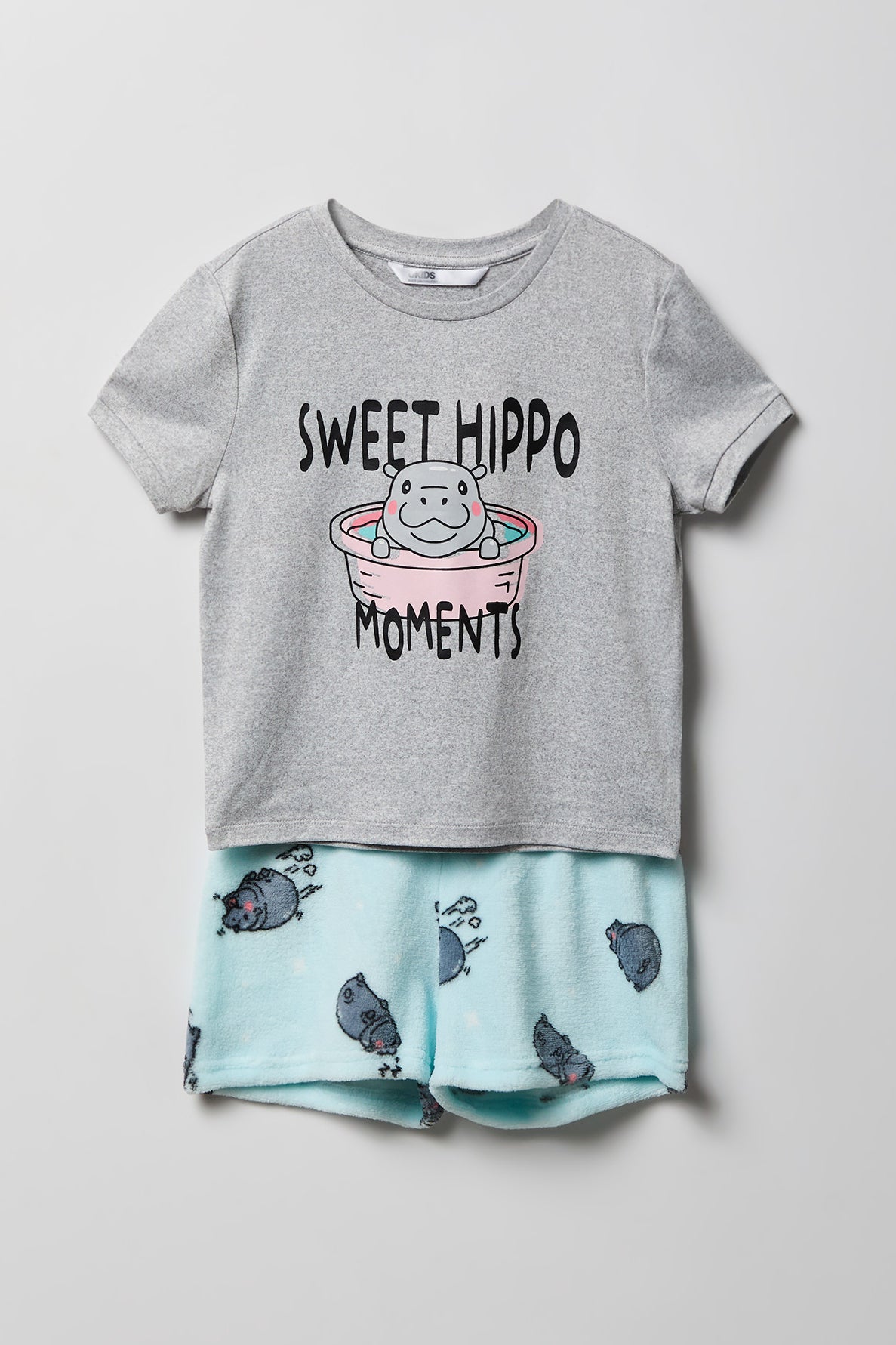 Girls Graphic T-Shirt & Plush Short Pajama Set - Heather Grey