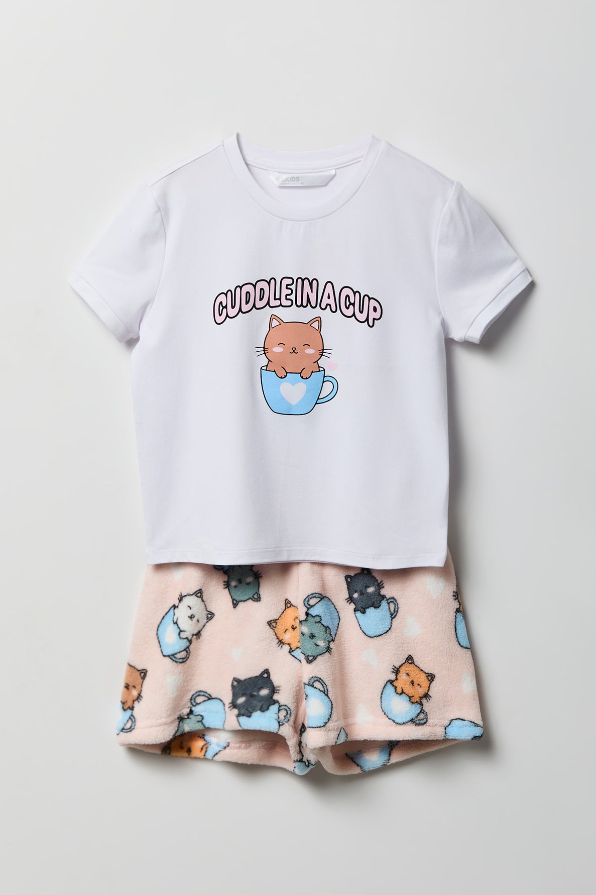 Girls Graphic T-Shirt & Plush Short Pajama Set - White