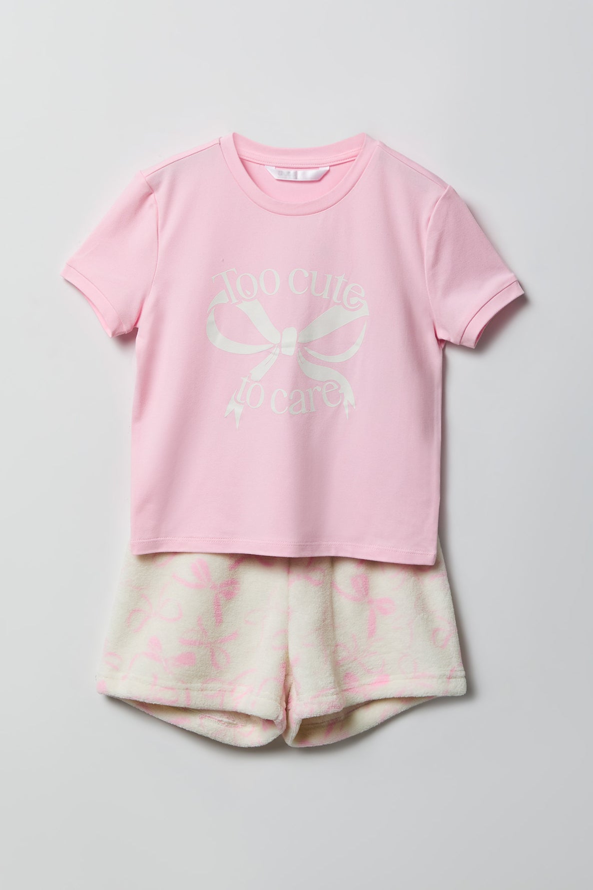 Girls Graphic T-Shirt & Plush Short Pajama Set - Ivory