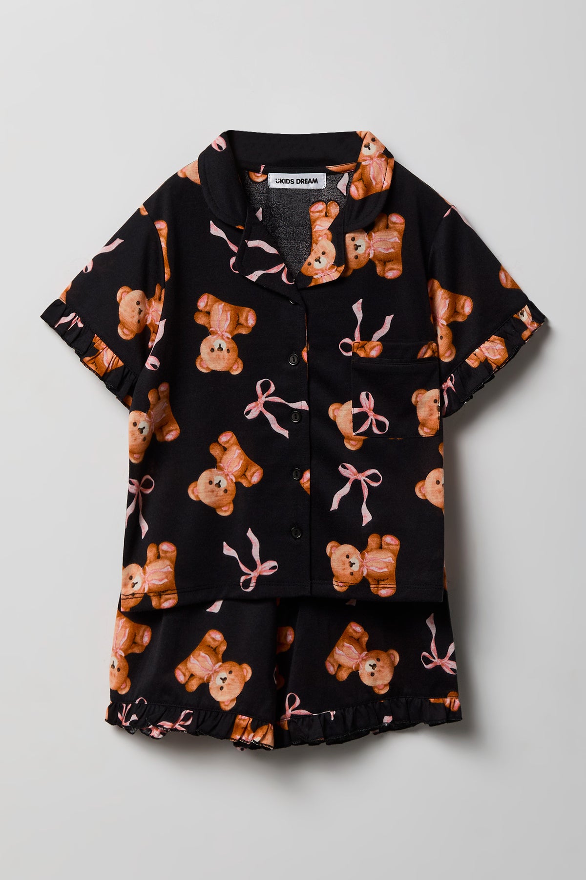 Girls Ruffle Button-Up Top & Short Pajama Set - Black