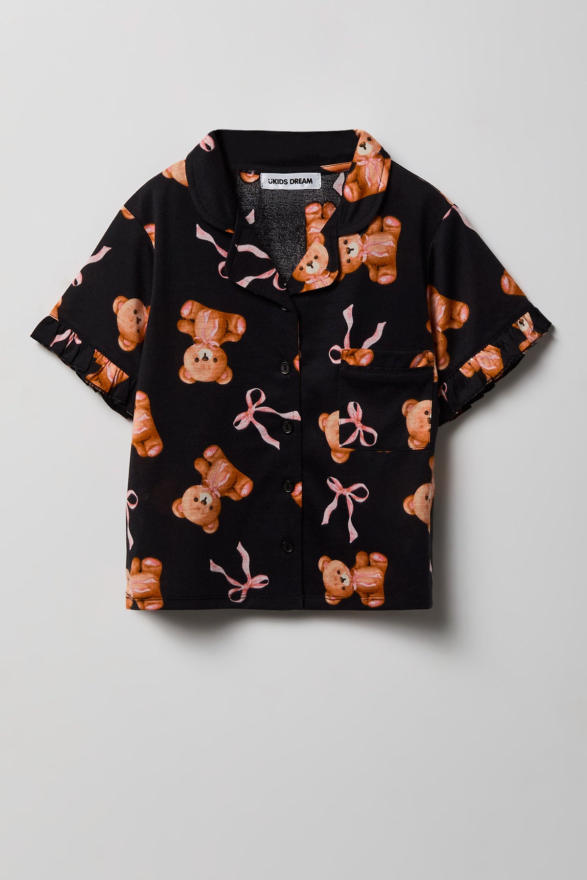 Alt View 2. Girls Ruffle Button-Up Top & Short Pajama Set - Black