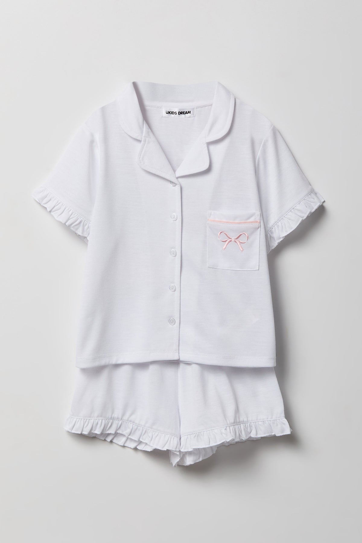 Girls Ruffle Button-Up Top & Short Pajama Set - White