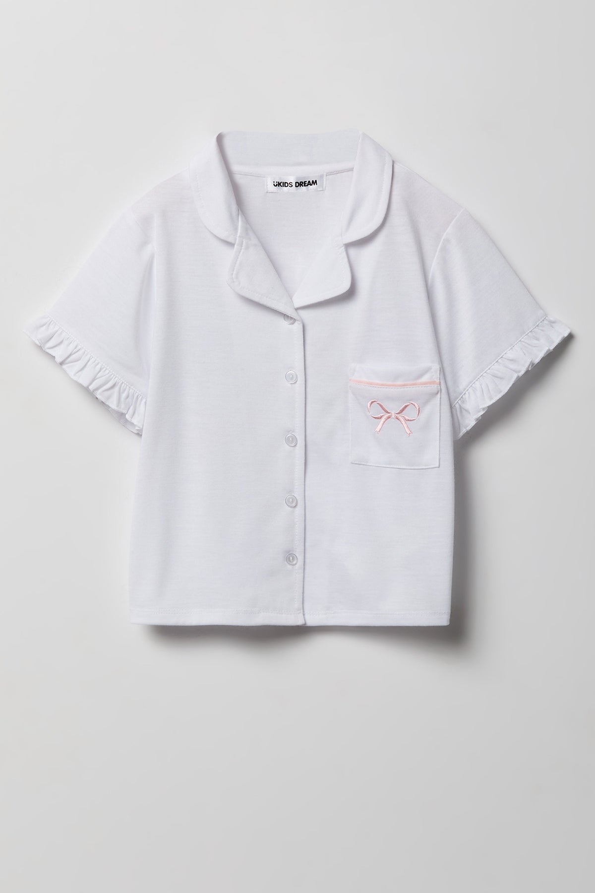Alt View 2. Girls Ruffle Button-Up Top & Short Pajama Set - White