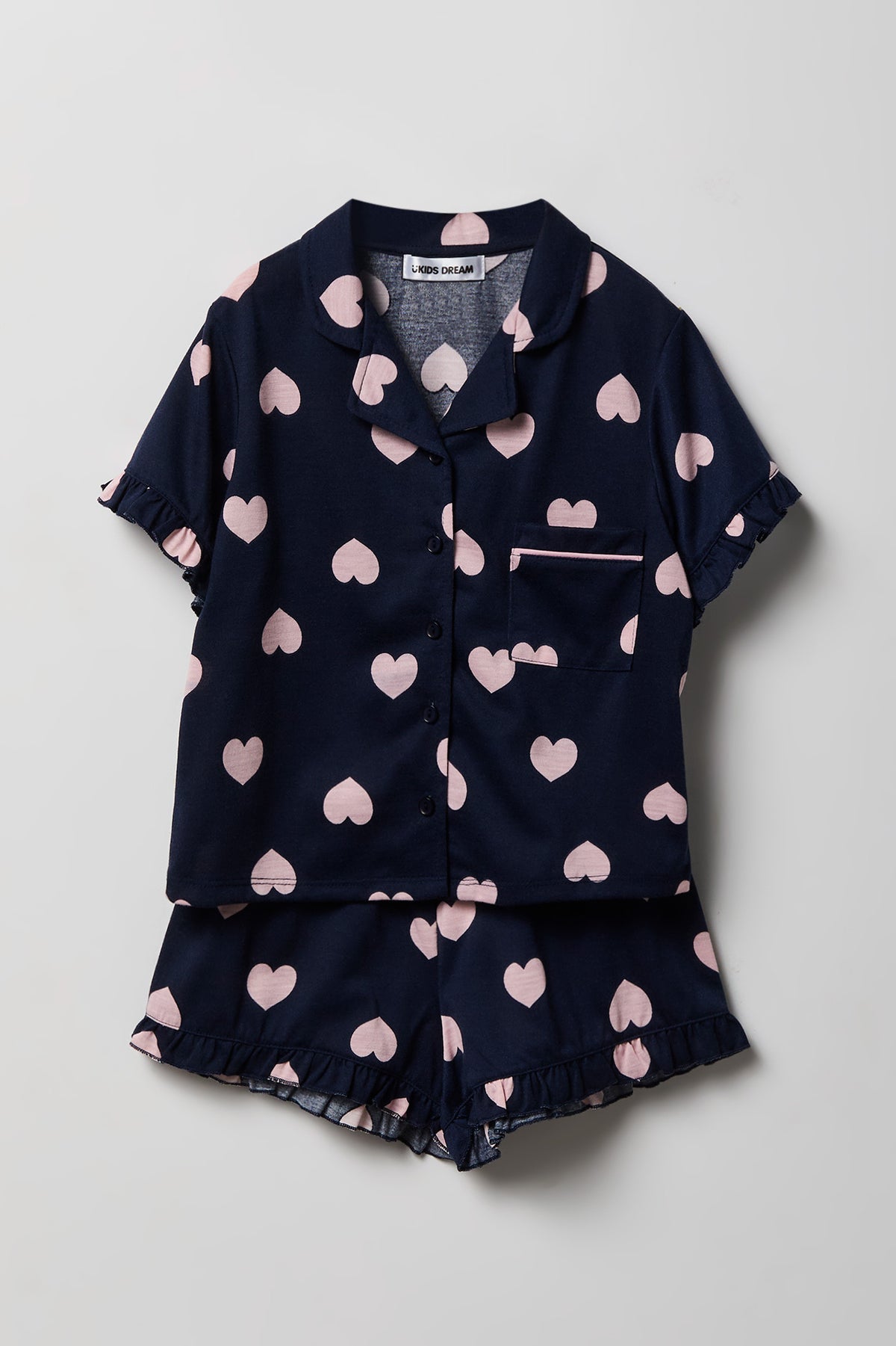 Girls Ruffle Button-Up Top & Short Pajama Set - Navy