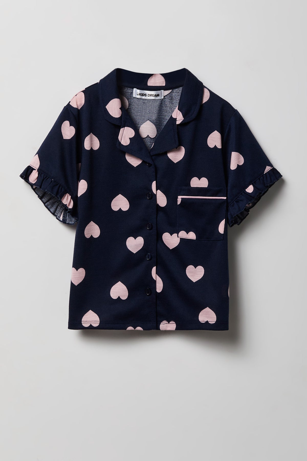 Alt View 2. Girls Ruffle Button-Up Top & Short Pajama Set - Navy
