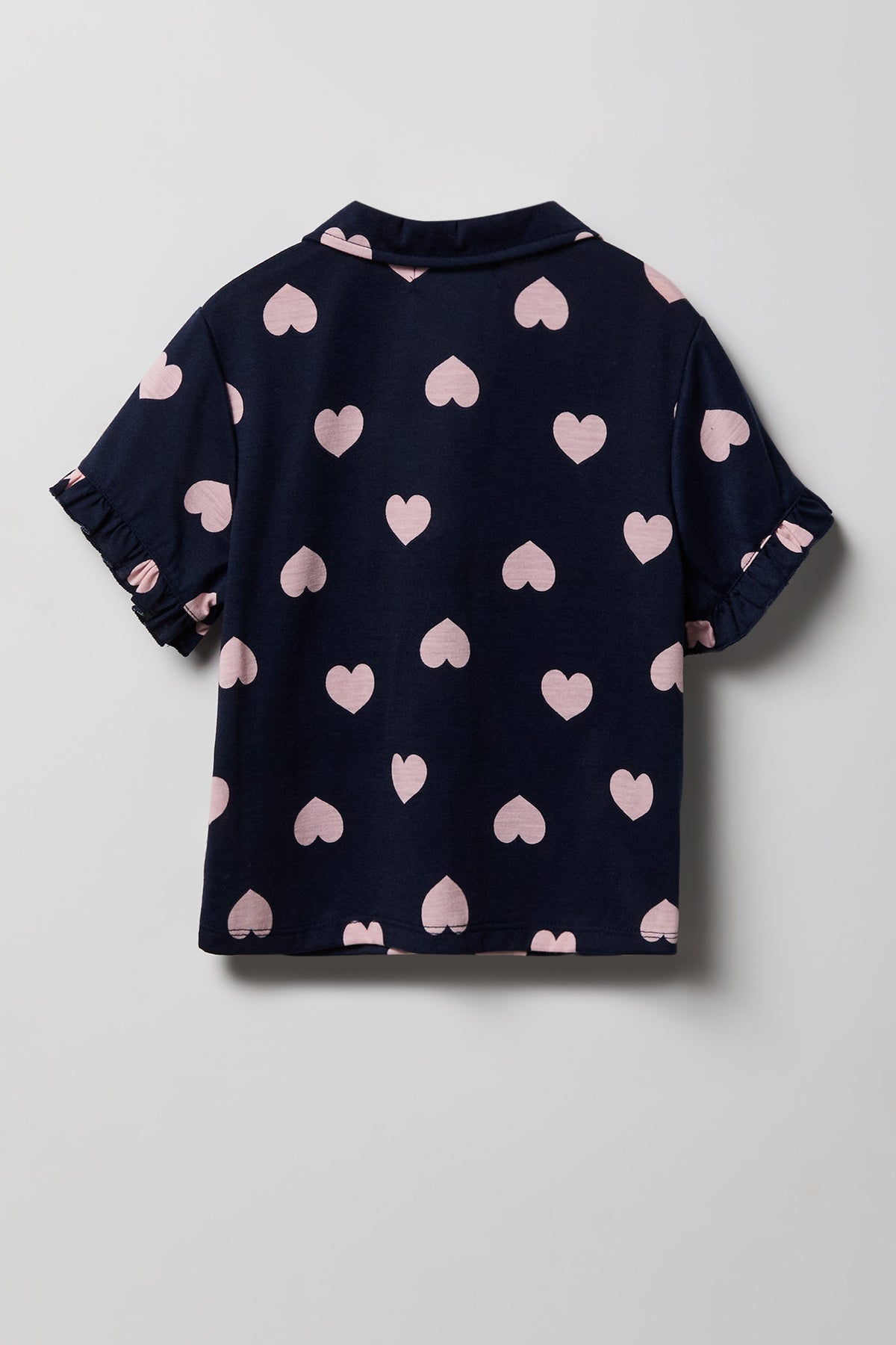 Alt View 3. Girls Ruffle Button-Up Top & Short Pajama Set - Navy