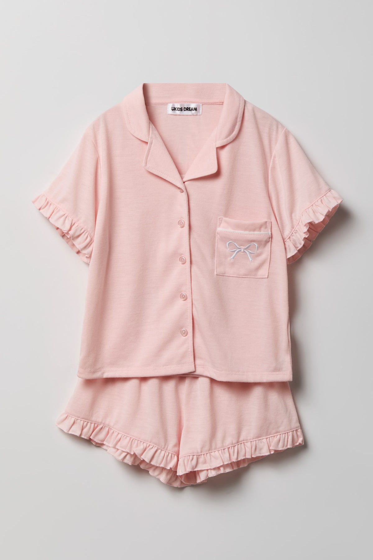 Girls Ruffle Button-Up Top & Short Pajama Set - Pink