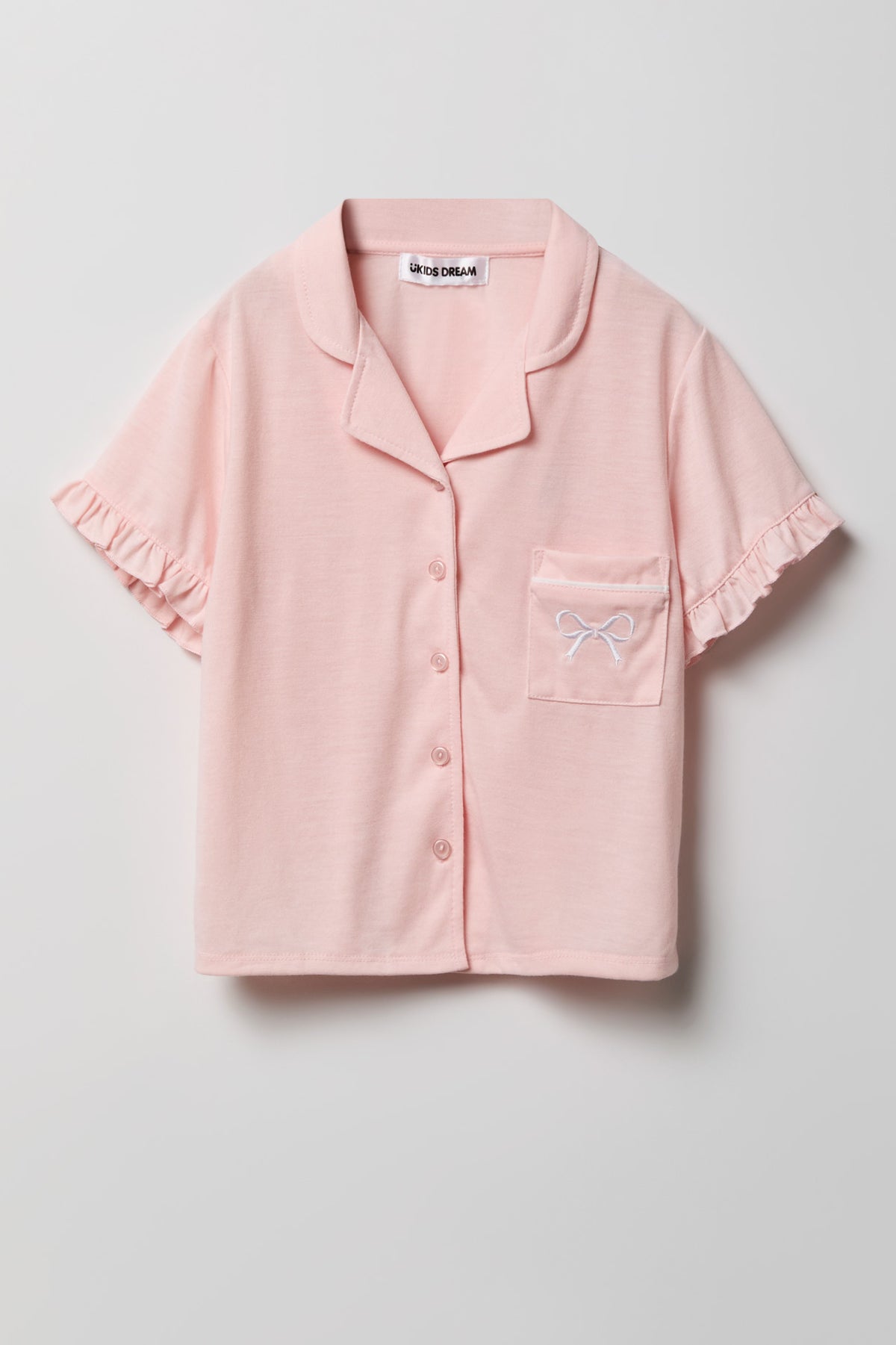 Alt View 2. Girls Ruffle Button-Up Top & Short Pajama Set - Pink