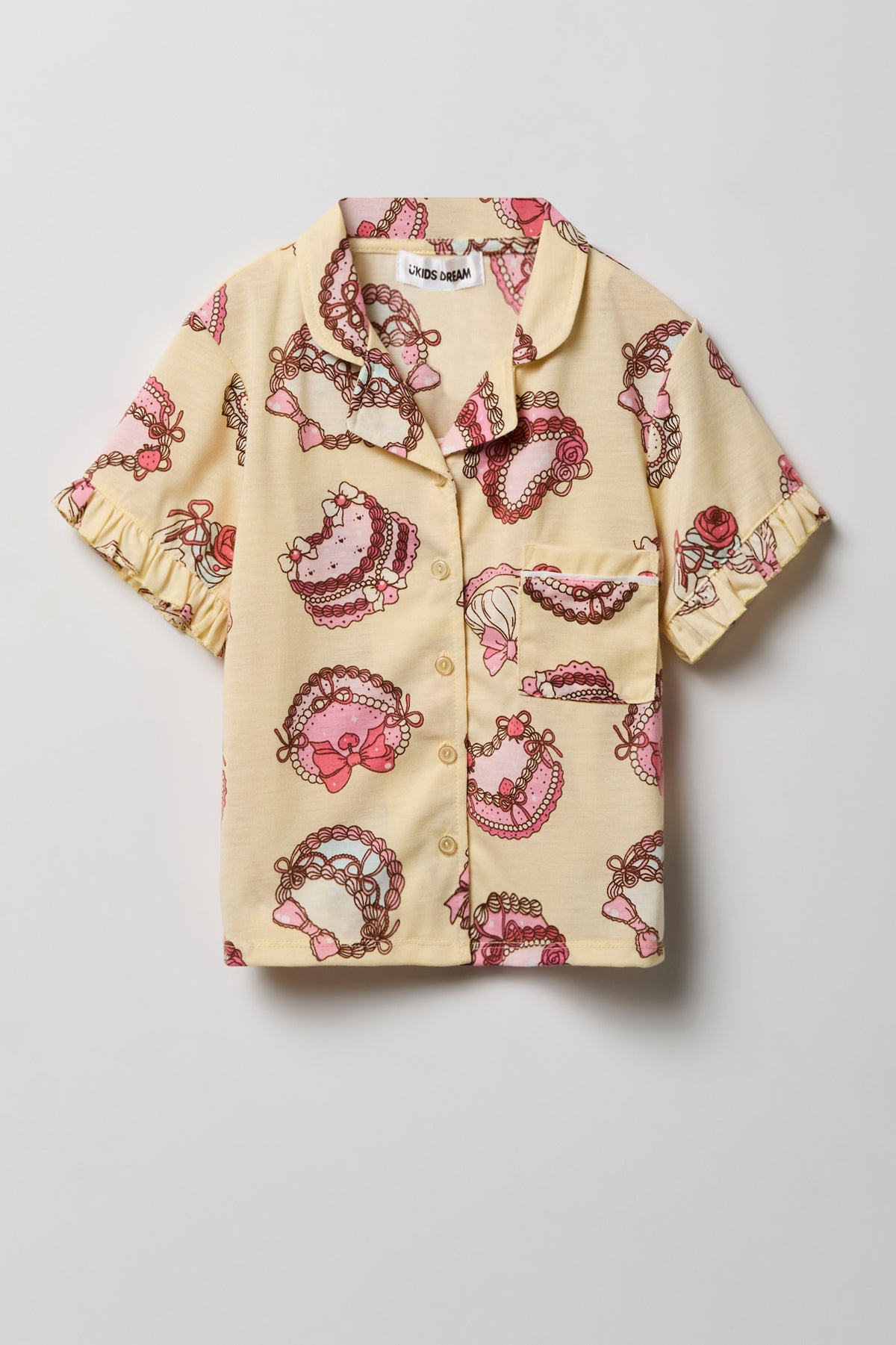 Alt View 2. Girls Ruffle Button-Up Top & Short Pajama Set - Yellow