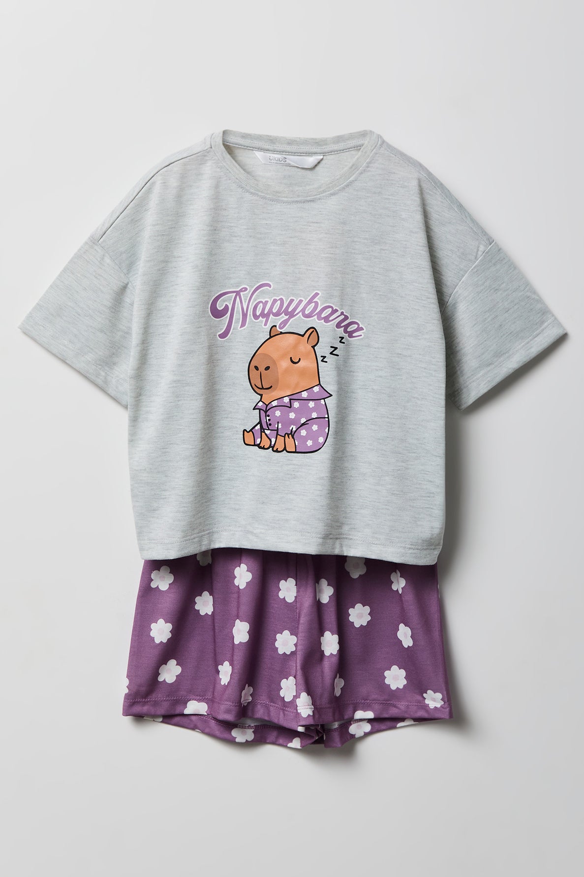 Girls Boxy T-Shirt & Short Pajama Set - Heather Grey