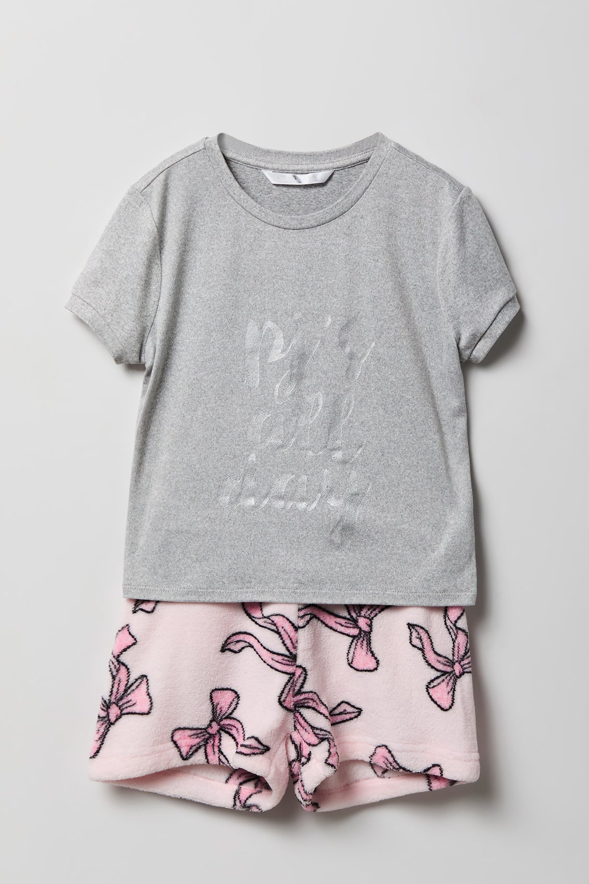 Girls Graphic T-Shirt & Plush Short Pajama Set - Heather Grey