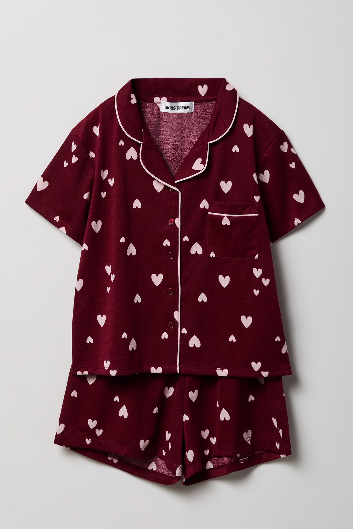 Girls Button-Up Top & Short Pajama Set - Burgundy