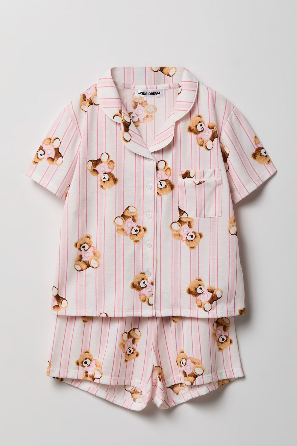Girls Button-Up Top & Short Pajama Set - Light Pink