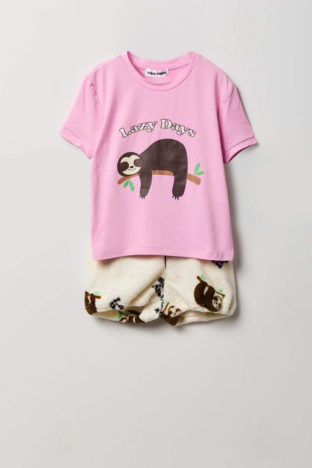 Girls Graphic T-Shirt & Plush Short Pajama Set - Ivory