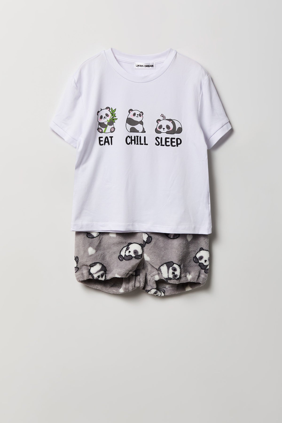 Girls Graphic T-Shirt & Plush Short Pajama Set - Grey Blue