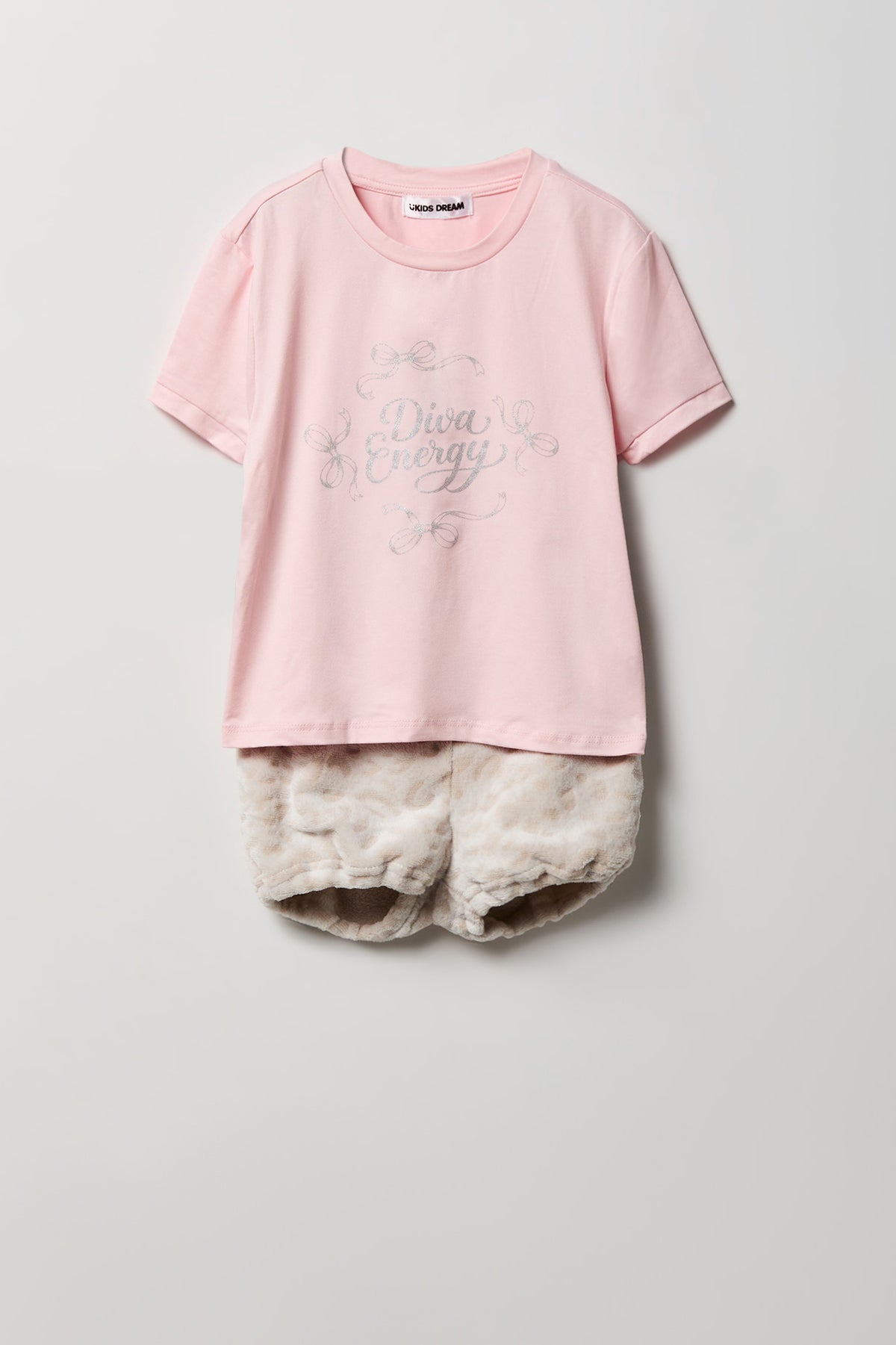 Girls Graphic T-Shirt & Plush Short Pajama Set - Leopard