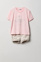 Girls Graphic T-Shirt & Plush Short Pajama Set