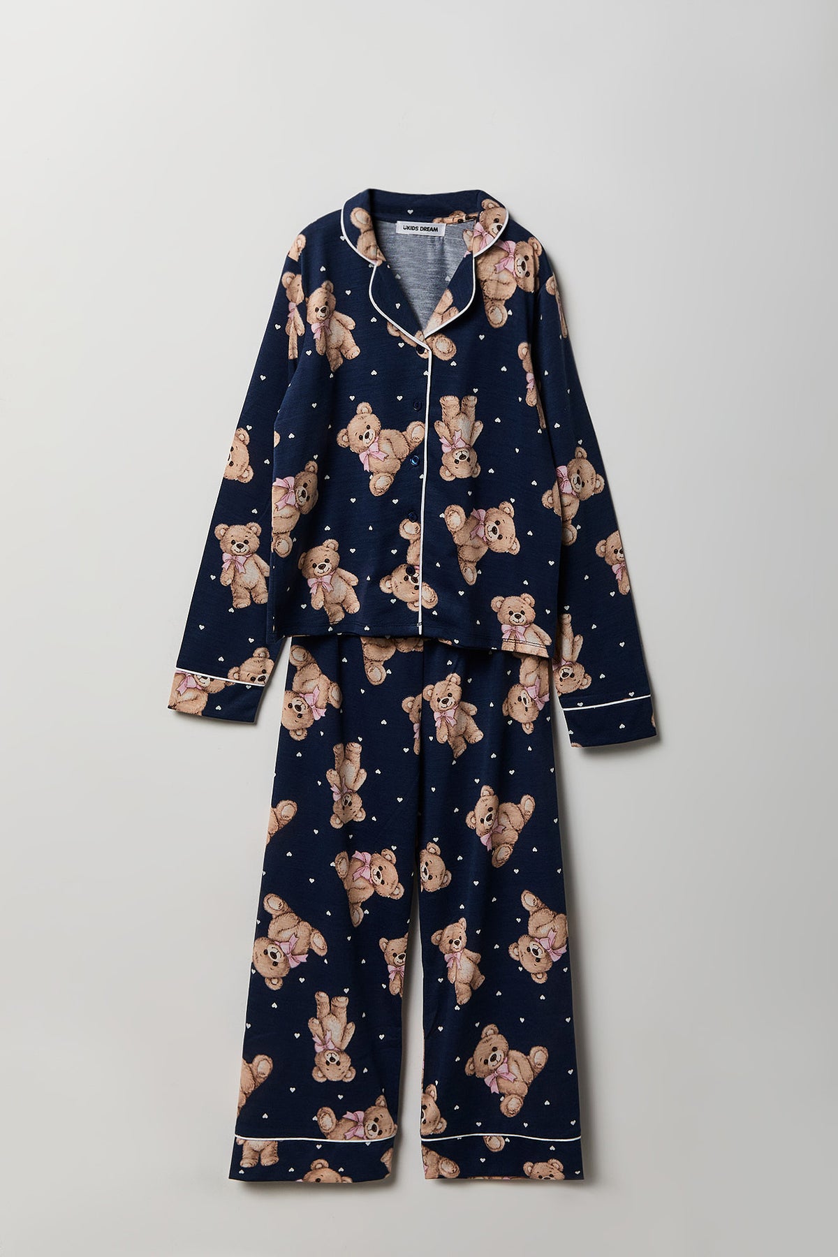 Girls Button-Up Long Sleeve Top & Pant Pajama Set - Navy