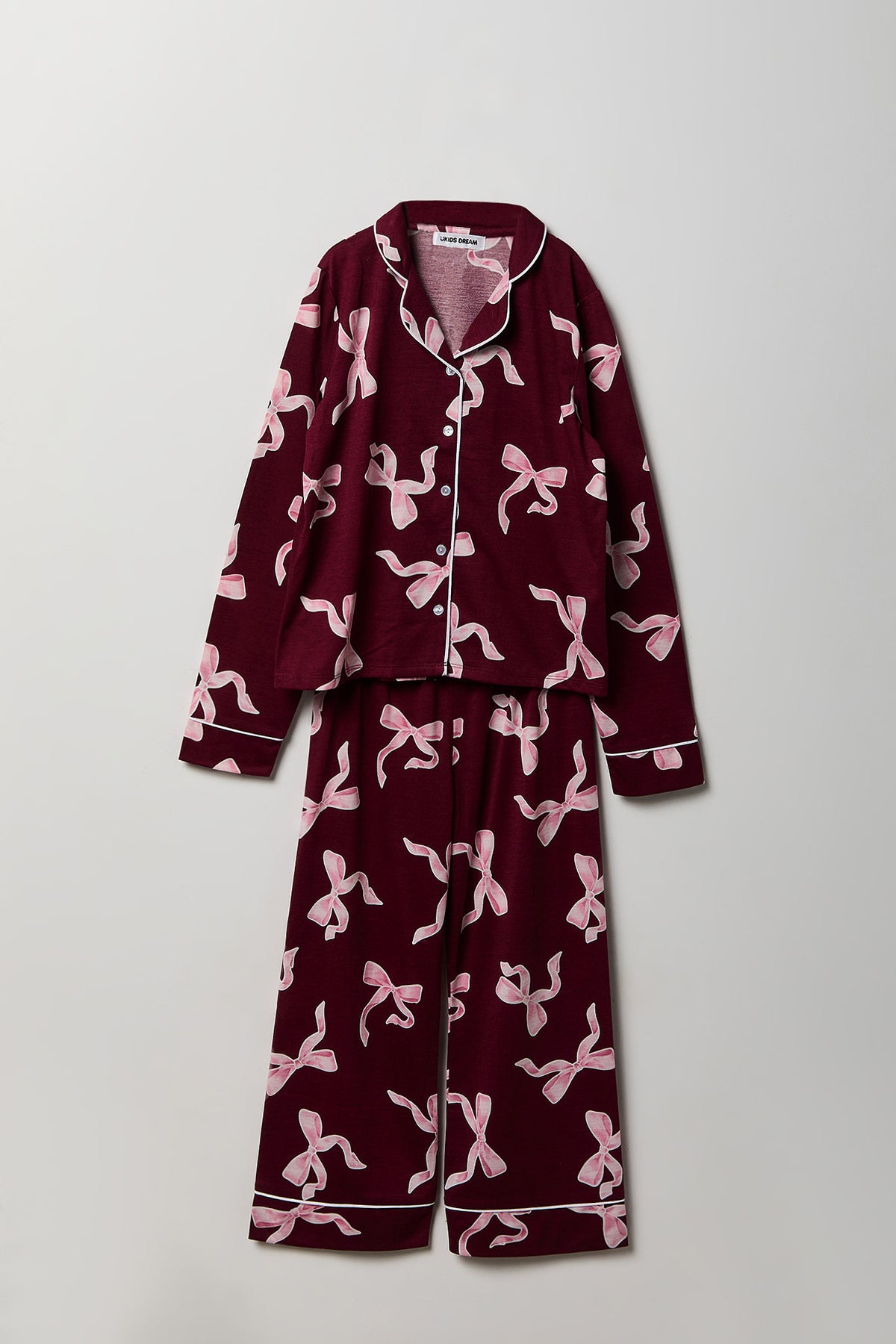Girls Button-Up Long Sleeve Top & Pant Pajama Set - Burgundy