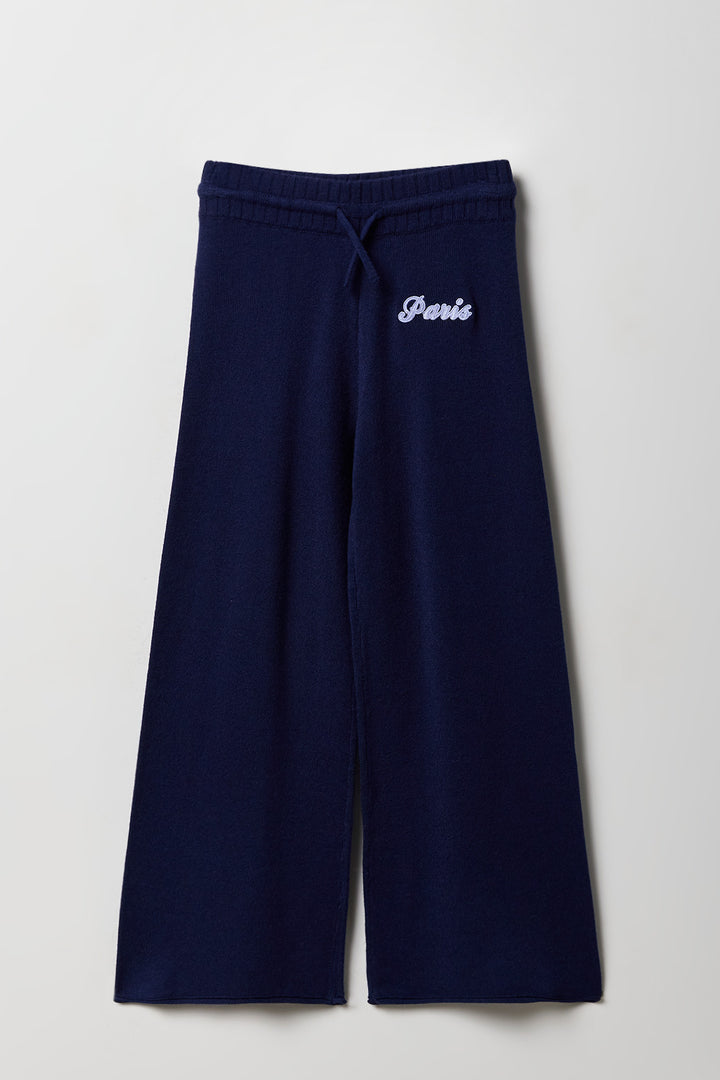 Pantalon à jambe large en tricot avec motif brodé pour fille
