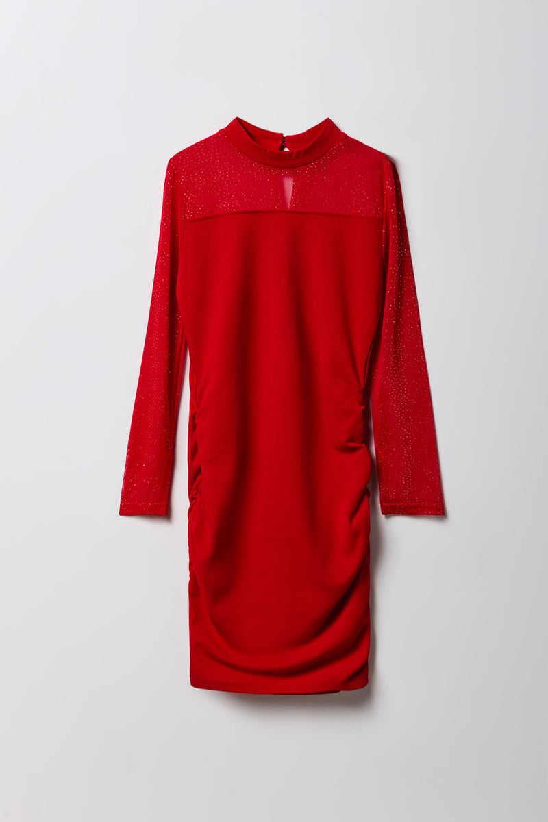 Girls Glitter Ruched Long Sleeve Dress