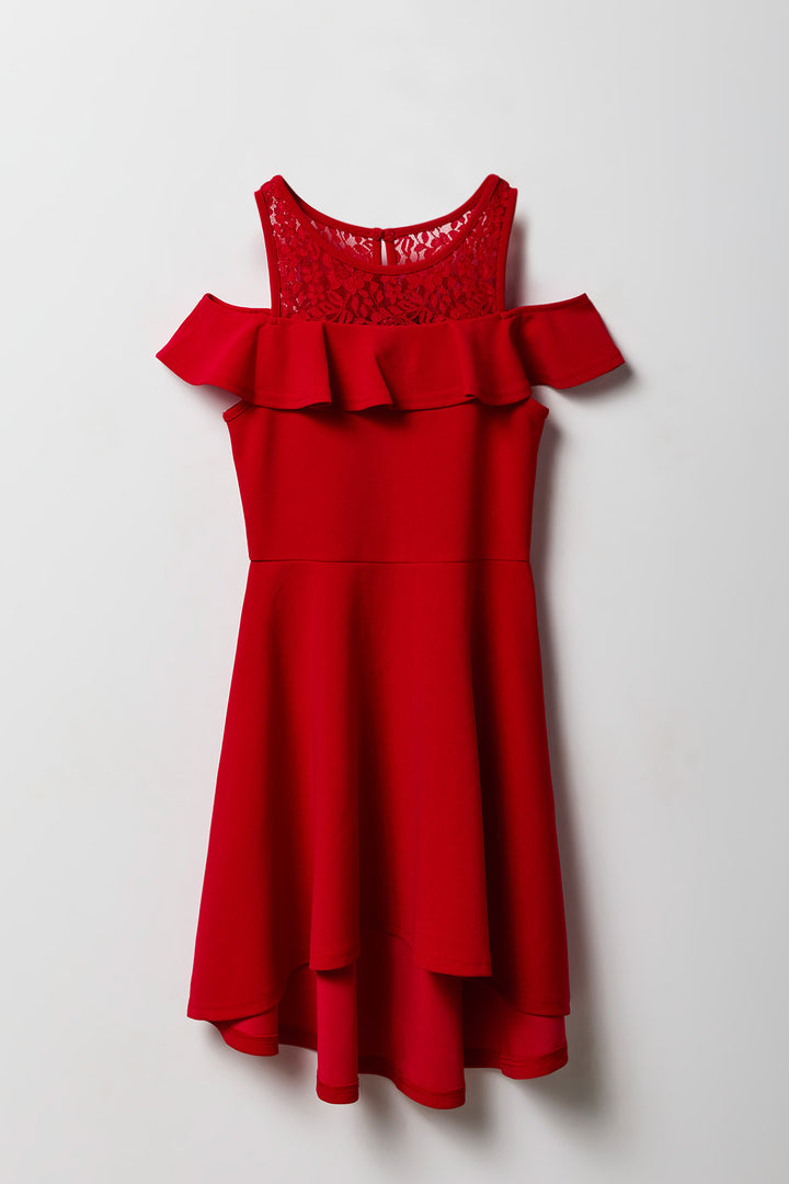 Girls Lace Detail Off Shoulder High-Low Dress