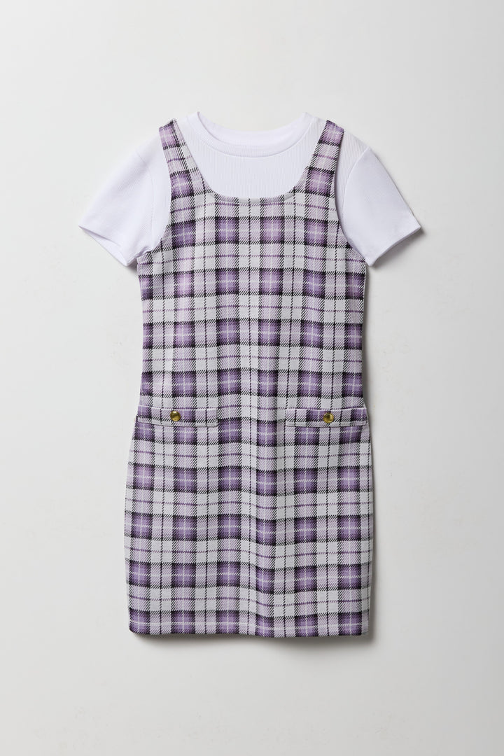 Girls Plaid Knit Dress & T-Shirt 2 Piece Set