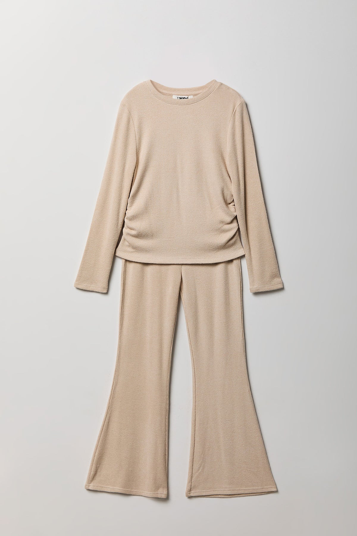 Girls Ruched Long Sleeve & Flare Pant Set - Oatmeal